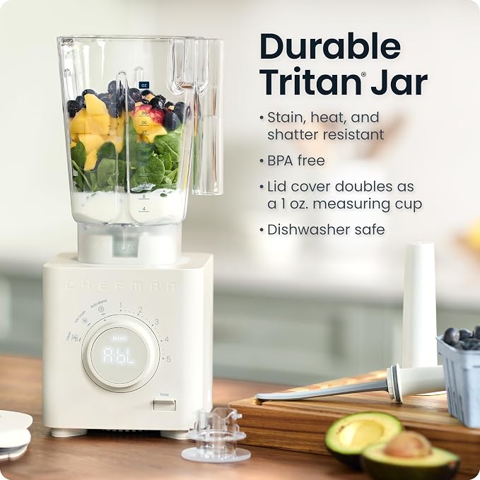 Chefman Obliterator 48 oz Countertop Blender for Smoothies, 1380W Motor to Crush Ice, Nuts, and Frozen Fruit with Stainless Steel Blade, Auto Blend Function, Includes 20 oz Travel Jar