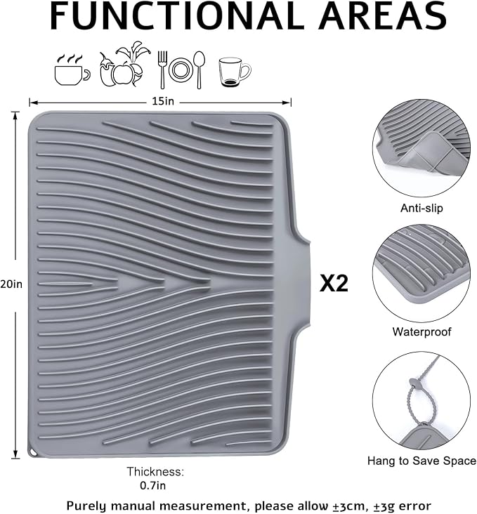 TIKNIK Silicone Dish Drying Mat for Kitchen Counter, Grey-2pcs, 20" x 15" | Heat Resistant & Non-Slip Dish Drain Pad with Built-In Drain, Dishwasher Safe, Quick-Dry, Hangable & Roll-Up for Storage