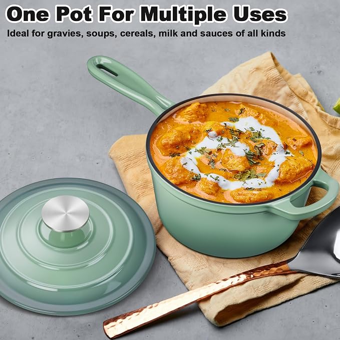Leonyo 1Qt & 2Qt Saucepan Set, Cast Iron Dutch Oven Pot, Pistachio Green | For All Cooktops Cooking Pasta, Milk, Oatmeal - Up to 500°F & Nonstick