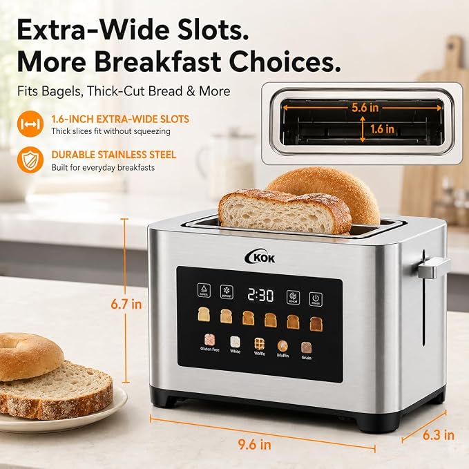 KOK 2 Slice Touch Screen Toaster, Stainless Steel Smart Toaster with 1.6” Extra Wide Slots, 6 Browning Levels & 5 Bread Presets, Digital Timer Defrost Reheat Cancel, Removable Crumb Tray for Kitchen
