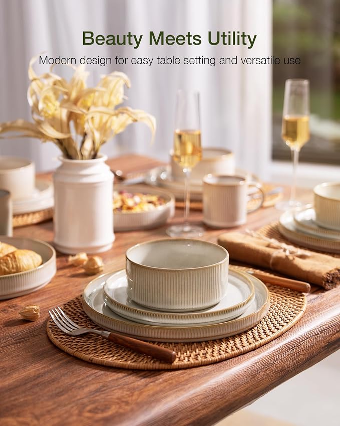 Famiware Star Stoneware Dinnerware Set, Reactive Glaze Plates & Bowls for 4 | 12 pcs Handmade Ribbed Dishes, Chip & Scratch Resistant Ceramic. Microwave & Dishwasher Safe, Modern Luxury, Cappuccino White