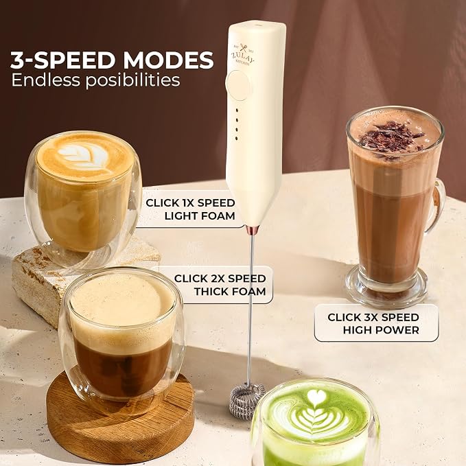 Zulay Kitchen Rechargeable Milk Frother Handheld - Frother Wand, Drink Mixer, Electric Whisk Frother, for Cappuccinos, Matcha & Protein Powder - Dynamic 3 Whisk, 3 Speed 500mAh Cream Gold
