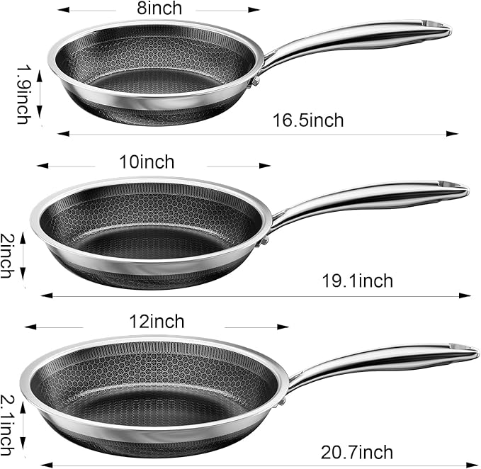 FogDream 8, 10, 12 Inch Stainless Steel Frying Pan Set with Lid, Honeycomb Hybrid Nonstick Skillet for Induction & All Cooktops, PFAS/PFOA/PTFE Free, Oven Safe 500°F, Silver