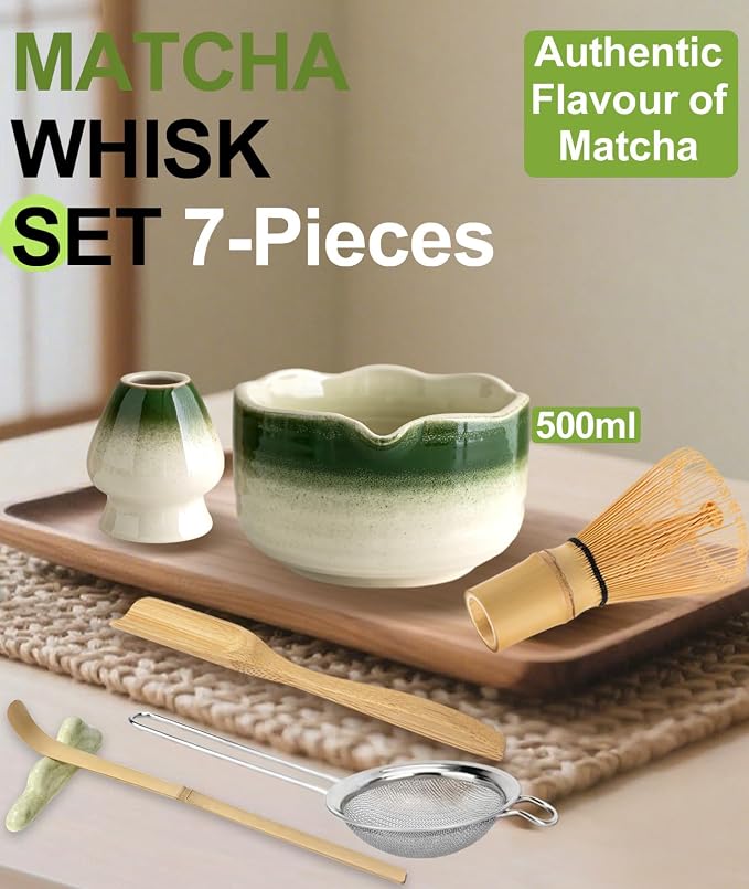 JBER Matcha Set, 7PCS Ceramic Matcha Whisk Set for Matcha Tea Ceremony | Ceramic Matcha Kit Includes 17oz Bowl, Bamboo Whisk (Chasen), Holder, Spoon, Powder Sifter for Matcha Making - Green