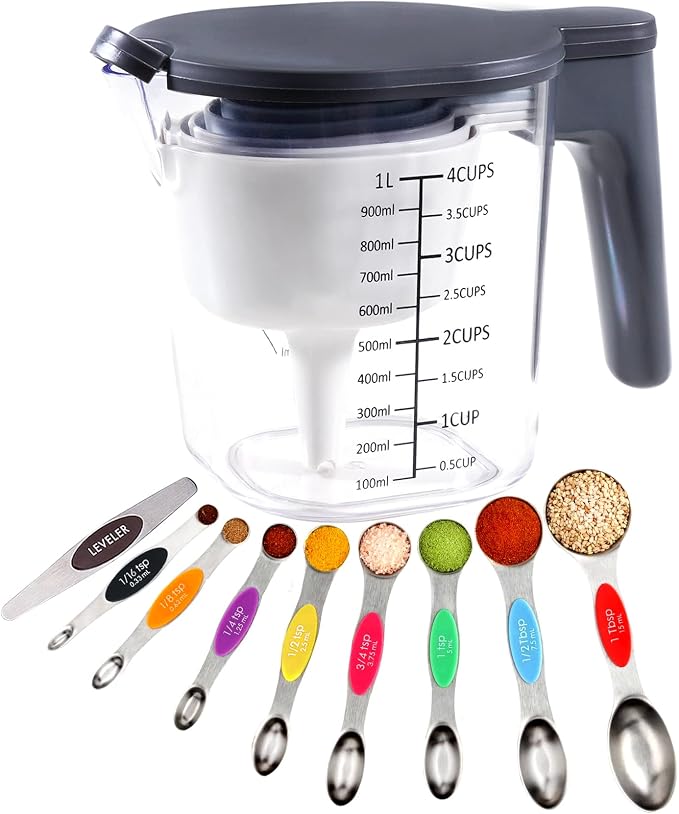 19-Piece Magnetic Measuring Cups and Spoons Set with Lid | BPA-free, dishwasher safe kitchen gadgets. Includes 1 lid, 9 nested cups & 9 magnetic spoons for liquid or dry food.