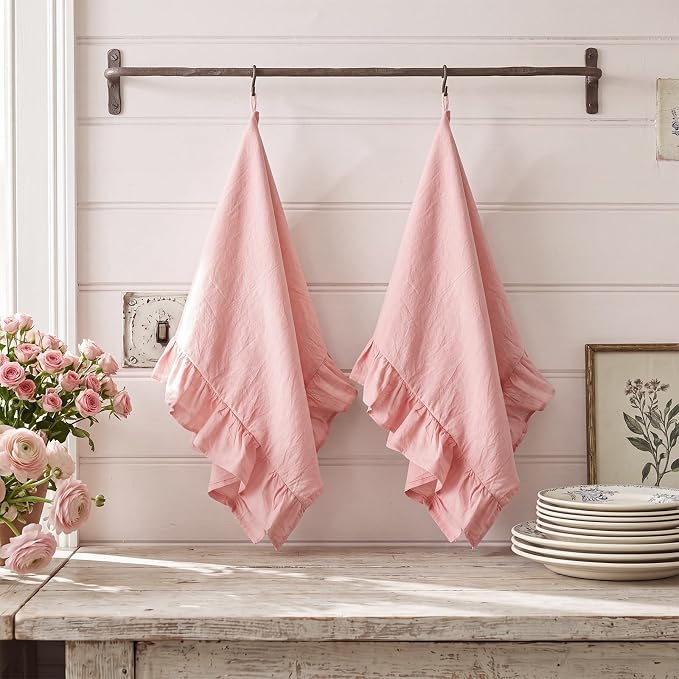 HunnmingRe Light Pink Kitchen Towels Set of 2, 100% Cotton Retro Ruffled Dish Towels 18"x28" Absorbent Tea Cloths for Farmhouse Charm, Drying Dishes, Entertaining Guests
