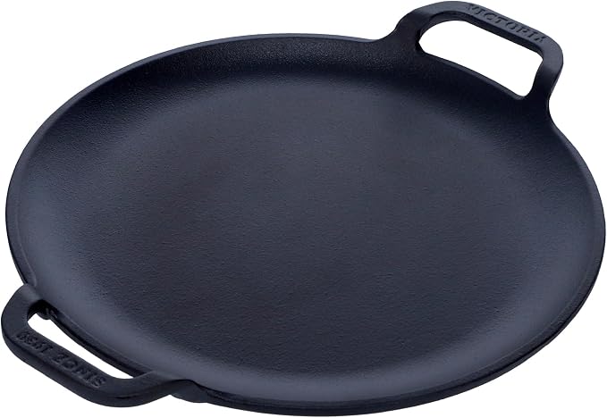 Victoria 10-Inch Cast Iron Comal Pizza Pan with 2 Side Handles, Preseasoned with Flaxseed Oil, Made in Colombia, Black