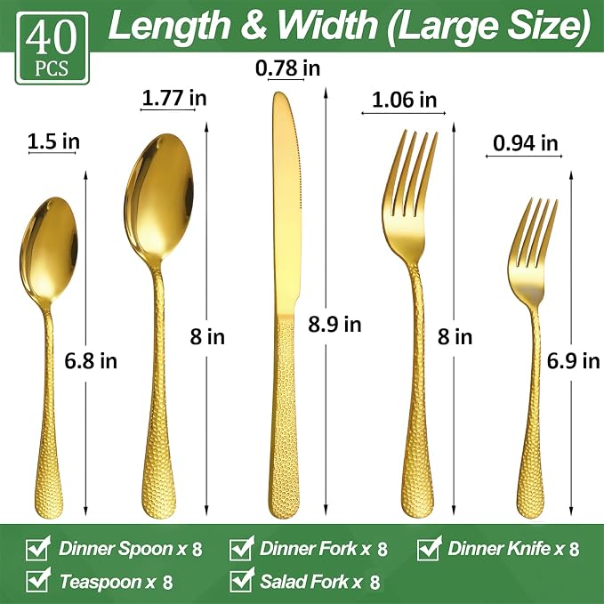 40 Pcs Gold Silverware Set for 8, Food Grade Stainless Steel Flatware Set, Eating Utensils Sets Include Fork/Knife/Spoon, Reusable Cutlery Set for Home Kitchen, Dishwasher Safe, Wave Hammered
