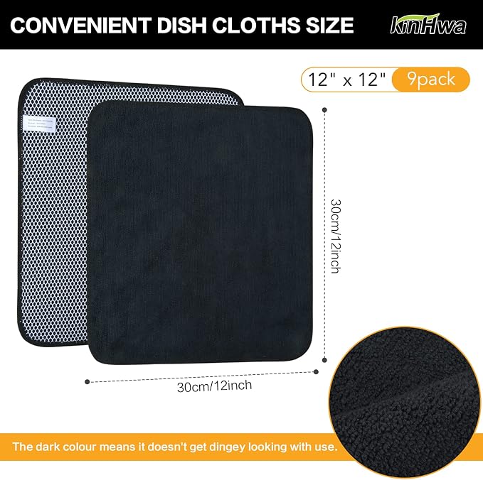 Dish Cloths for Washing Dishes with Scrub Side, Microfiber Dish Rags | Dual-sided microfiber dish cloths with scrubber for stuck-on food, quick dry kitchen washcloths 9 Pack, 12" x 12 Inch Black