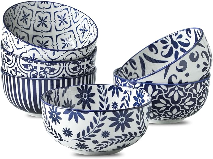 Cereal Bowls, 28 Ounce Ceramic Soup Bowls Set of 6, Large Bowl Set for Rice Salad Fruit Dessert Oatmeal Snack Ice Cream,Microwave & Dishwasher Safe, Blue & White