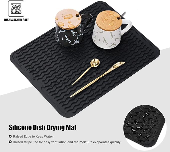 Silicone Dish Drying Mat, Non-Slip Easy Clean Sink Mat, Dark Blue, 24"x18" | Quick-Dry Ridges, Large Heat-resistant Dish Drainer Mat for Kitchen Counter, Hangable & Roll-Up for Storage, Dishwasher Safe