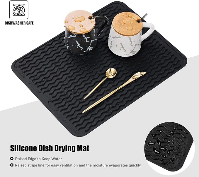 Silicone Dish Drying Mat, Non-Slip Easy Clean Sink Mat, Dark Blue, 16"x12" | Quick-Dry Ridges, Large Heat-resistant Dish Drainer Mat for Kitchen Counter, Hangable & Roll-Up for Storage, Dishwasher Safe