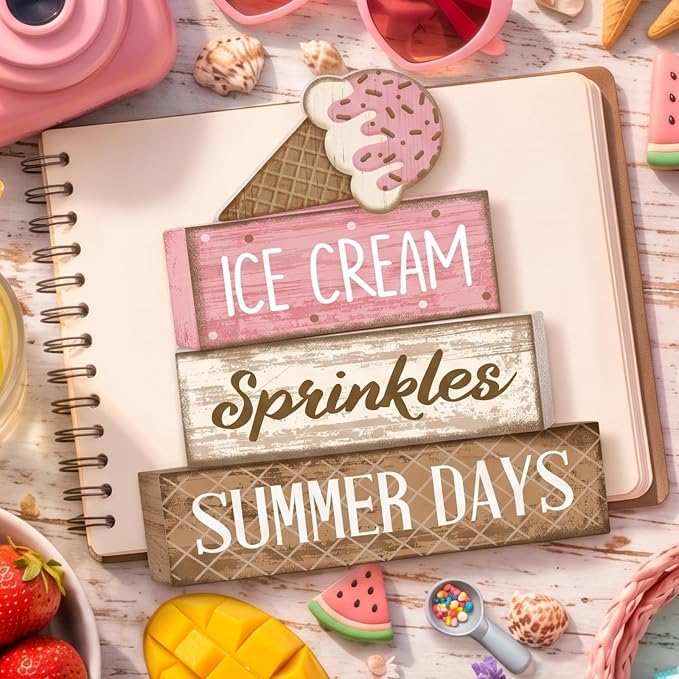 Lineshading 4 Pcs Ice Cream Summer Tiered Tray Decor Table Block Signs | Wooden Farmhouse Rustic Home Decorations, Kitchen Tabletop Centerpieces, Ice Cream Theme Sprinkles Design, Summer Gift