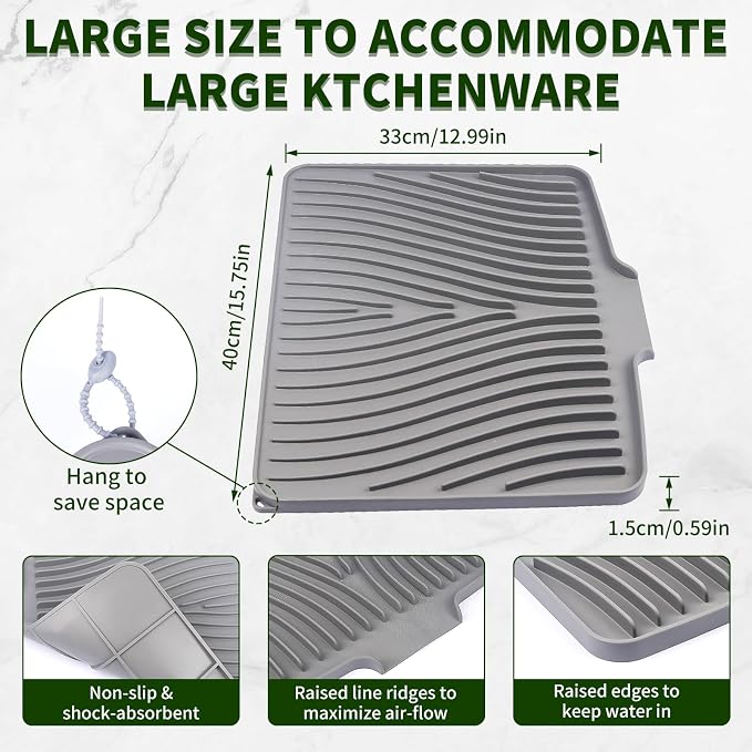 Silicone Dish Drying Mat for Kitchen Counter, 16" x 13" Grey-1pcs | Heat Resistant & Non-Slip Dish Drain Pad with Built-In Drain, Quick-Dry, Hangable & Roll-Up for Storage，Multi-Functional Use