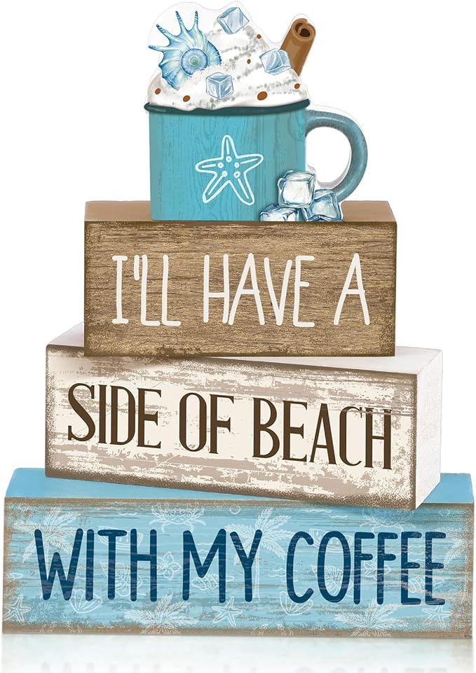 Lineshading 4 Pcs Beach Coastal Wooden Block Signs with Coffee Cup Summer | Blue Rustic Wood Signs Starfish Mug, Tiered Tray Coffee Bar Table Decor, Beachy Nautical Centerpieces for Home Office