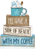 Lineshading 4 Pcs Beach Coastal Wooden Block Signs with Coffee Cup Summer | Blue Rustic Wood Signs Starfish Mug, Tiered Tray Coffee Bar Table Decor, Beachy Nautical Centerpieces for Home Office