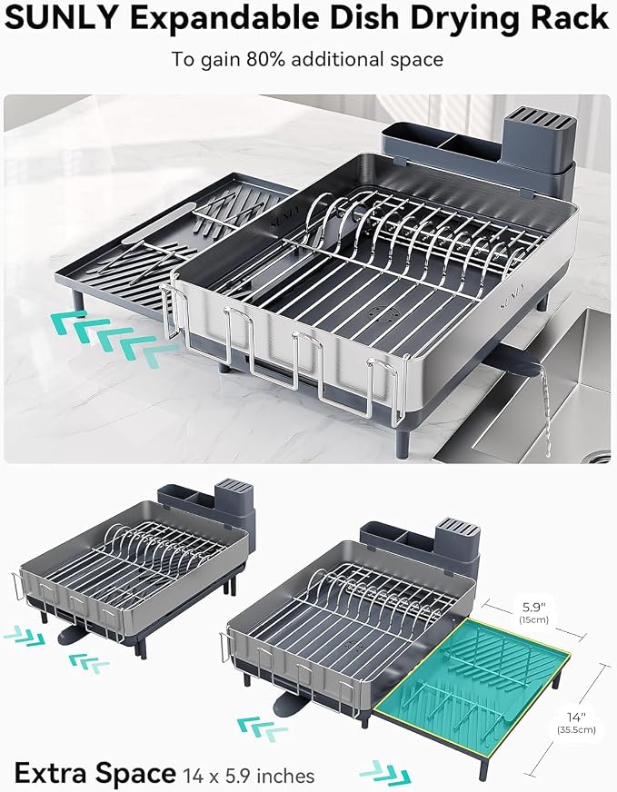 Large Dish Drying Rack, Expandable Dish Racks for Kitchen Counter, Space Saving 304 Stainless Steel Drying Rack Kitchen, Extra Large Drainer with Multifunctional Flip Up Pegs, Gray