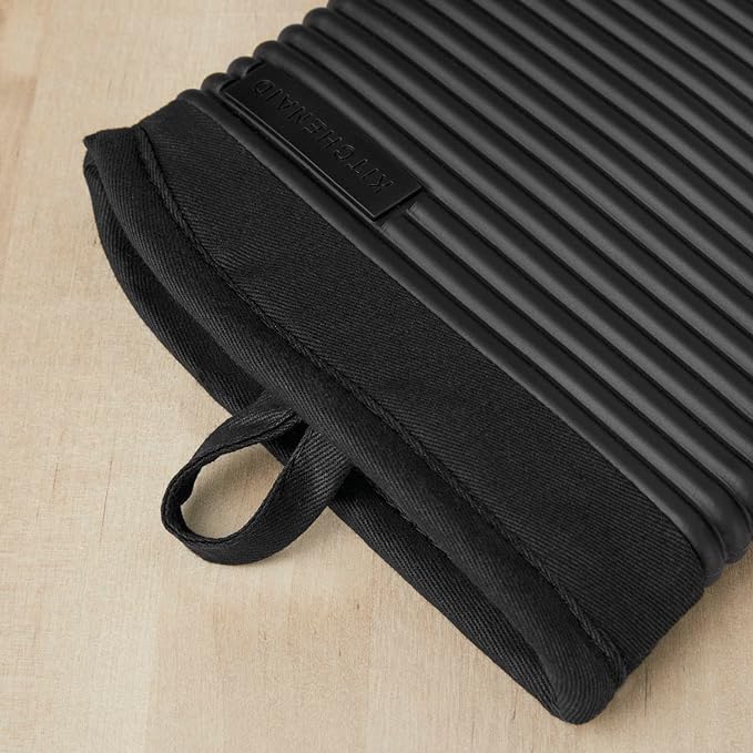KITCHENAID Ribbed Soft Silicone Oven Mitt 2-Pack Set, Matte Black, 7.5"x13"