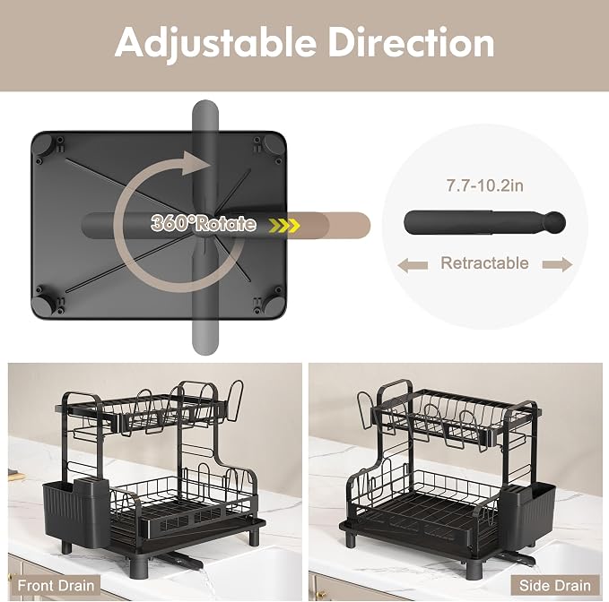 2 Tier Black Dish Drying Racks for Kitchen Counter with Drainboard | Large Stainless Steel Dish Drainer with Utensil Holder, Space Saving, Big Modern Countertop Metal Plate Dryer Strainer Rack
