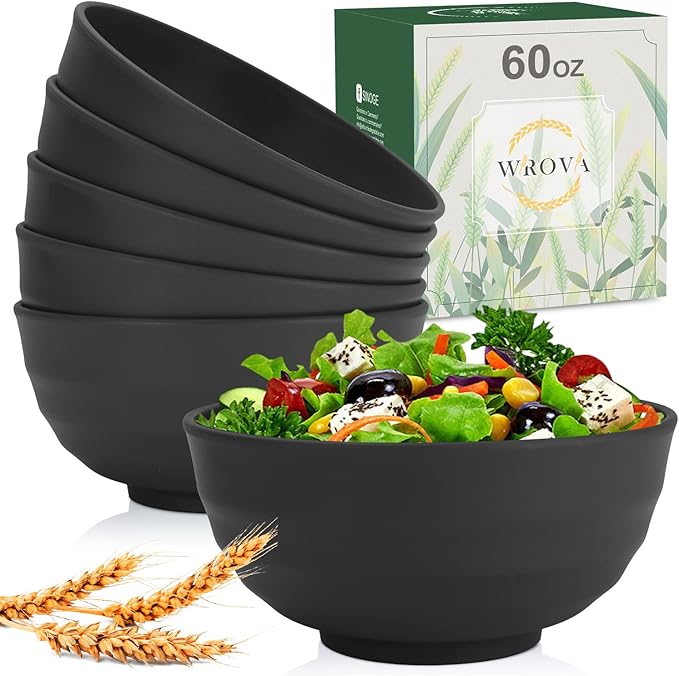 Wrova Wheat Straw Bowls Set 60 OZ Unbreakable Large Cereal Bowls Set of 6 Microwave and Dishwasher Safe Bowls Big Bowls for Camping and Picnic BPA Free Soup Bowl for Serving Oatmeal and Salad. Black