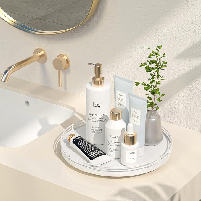 Oroyutor 12-Inch Oak Lazy Susan Vanity Tray, White Finish | Rotating oak tray organizes spices, toiletries and decor on kitchen counters, bathroom vanities, dining and coffee tables.