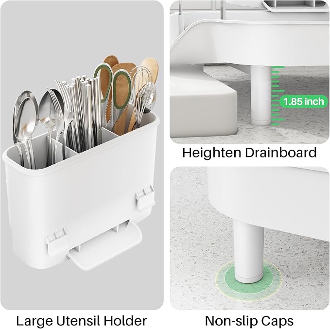 SAYZH Expandable Dish Drying Rack for Small Kitchen Counter, White | Stainless Steel, Protective Guardrail, Angled Drainboard, Fits High-Rim Sinks, Removable Utensil Holder