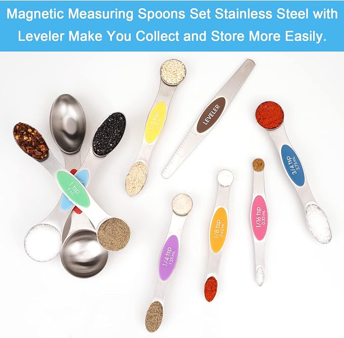 Aovchei 9 PCS MultiColor Magnetic Measuring Spoons Set | Dual Sided, Stainless Steel Small Tablespoon, Teaspoons, Fits in Spice Jars, for Dry and Liquid