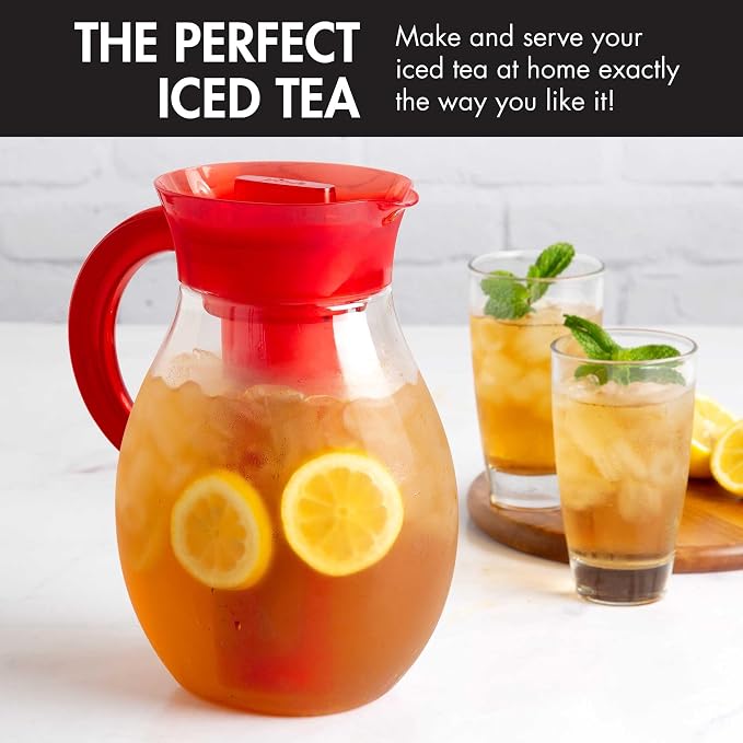 Primula The Big Iced Tea Maker Tritan Plastic Infusion Beverage Pitcher with Leak Proof, Airtight Lid, Fine Mesh Resuable Filter, Manufactured without PFOA, Dishwasher Safe, 1-Gallon, Red