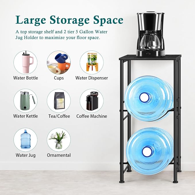 OYEAL Water Bottle Holder 5 Gallon Water Jug Holder with Storage Shelf, 2 Tier Black Water Bottle Rack Stand with 2 Slots for Small Space, Kitchen, Home Office, Living Room