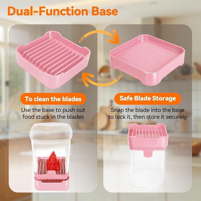 Fruit Slicer Cup for Strawberry, Banana, Hard-Boiled Egg - Detachable Cutter with Push Plate - Rapid & Safe Slicing Kitchen Gadget for Quick Meal Prep, Pink