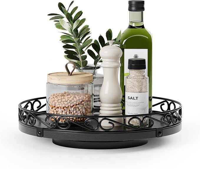 10" Lazy Susan Turntable Organizer for Table Top, Wood Lazy Susan Cabinet | Farmhouse Rotating Decor Tray for Dining Table, Pantry, Kitchen Countertop, Spice, Bathroom Vanity, Round Patterned Rim,Black