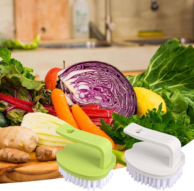 2pcs Vegetable Scrubber Brush, PP Fruit and Food Cleaning Kitchen Gadget with Stiff Bristles & Ergonomic Handle, Produce Cleaner Tools for Veggie Potato Carrot Apple (White & Green)