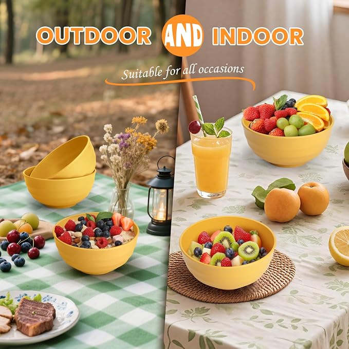 Sunshine Yellow Bowl Set of 8, 60 Oz Large Wheat Straw Bowls, Unbreakable Big Salad & Soup Bowls, Microwave Safe for Easter, Picnic, Kids Party & Family Meals