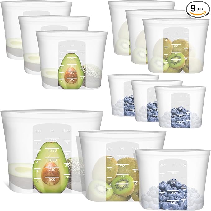 100% Silicone Reusable Storage Bag, 9 Pack Stand-Up Wide-Mouth Zip-Lock Food Storage Bags, Easy-Fill Easy-Open Easy-Clean Space-Saving, Microwave & Dishwasher Safe, 3 M/3 S/3 XS, Translucent