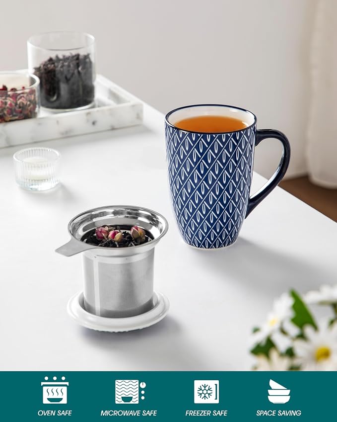 vancasso SELENE Porcelain Tea Mug, 18 oz Porcelain Tea Cup with Infuser and Lid Steeps Loose Leaf Tea, Microwave & Dishwasher Safe, Geometric Weave