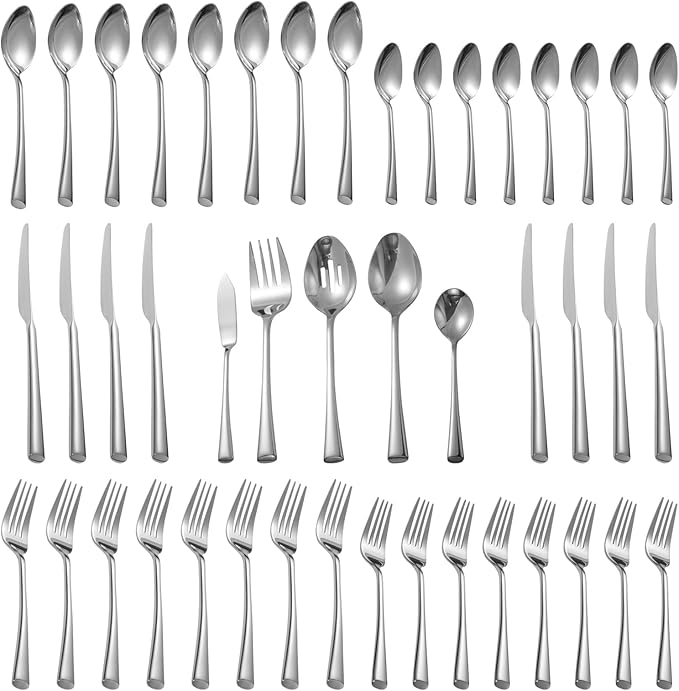 Alata Bailey 45-Piece Forged Silverware Set Stainless Steel Flatware Set with Utensil-Serving Set, Service for 8, Mirror Polished Cutlery Set, Dishwasher Safe