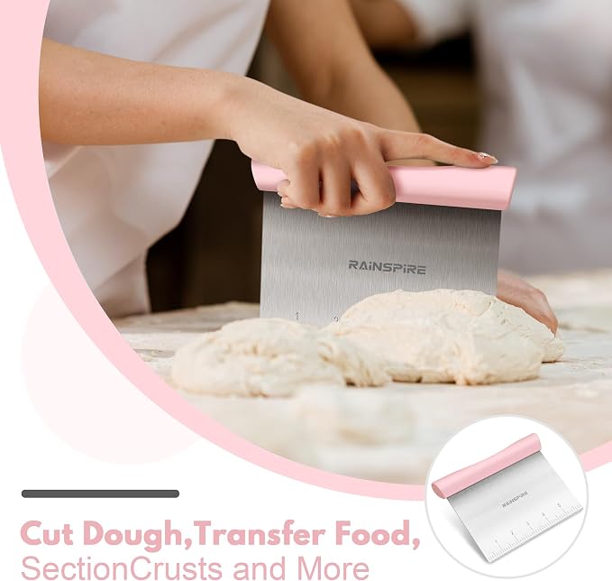 Upgraded 304 Stainless Steel Multi-Purpose Bench Scraper with Measurement Marks, Dishwasher Safe, Dough Cutter for Pizza, Bread and Cookie Dough Vegetable Chopper, Baking Supplies, Pink