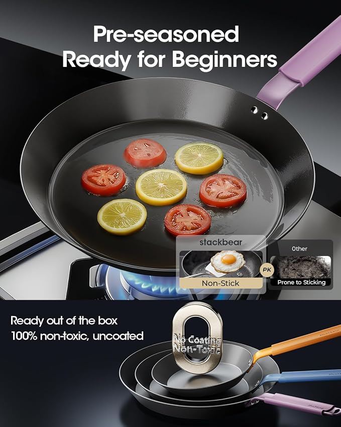 Carbon Steel Skillet 12 Inch, Nitrided Steel Frying Pan, Preseasoned Rust Resistant Large Cooking Pan with Ergonomic Handle & Removable Silicone Grip, Induction & Oven Safe | Natural Patina Development with No Chemical Coating; Spacious Cooking Surface...