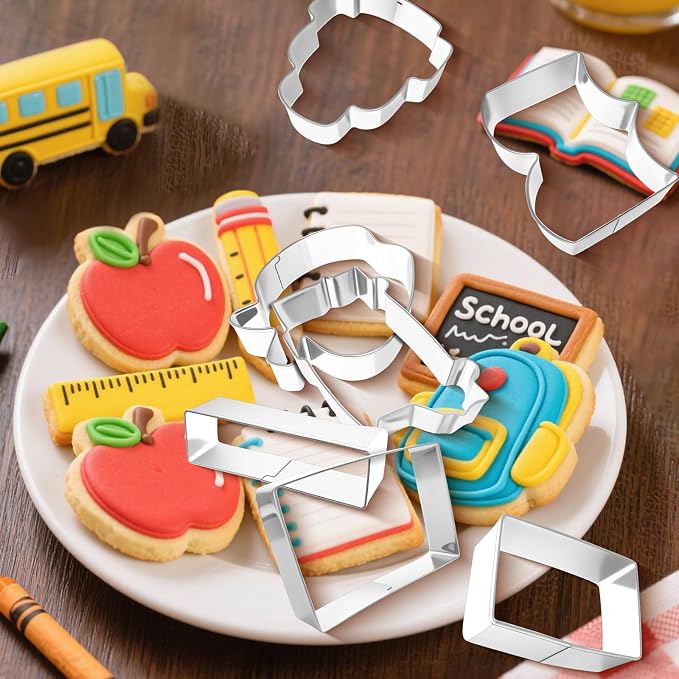 9 Pieces Back to School Cookie Cutters Set, Stainless Steel School-Themed Biscuit Mold Includes Apple Pencil Ruler Notebook School Bus Blackboard Book Backpack Crayon Baking Decorations