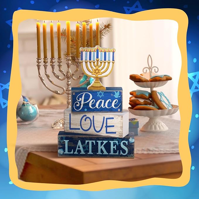 Lineshading 4 Pcs Hanukkah Decorations for Home Wooden Menorah Decor | Chanukah Table Decor, Hanukkah Centerpiece, Rustic Menorah Block Signs Jewish New Year Decoration for Home Tiered Tray Decor