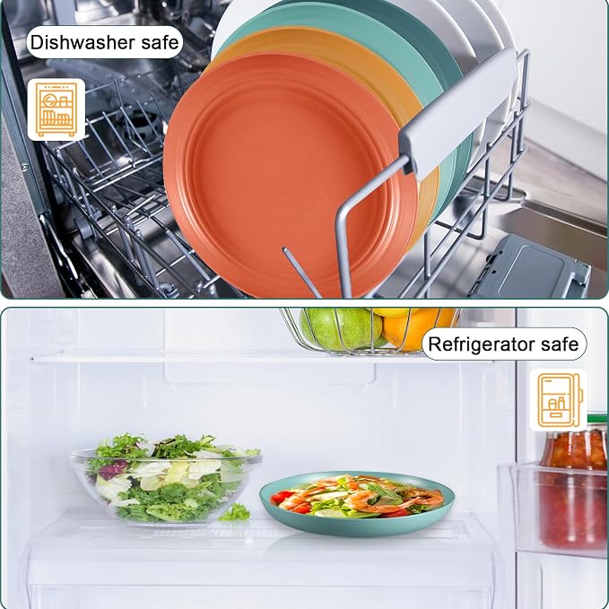 HEYCOME 12 Pcs Unbreakable Deep Dinner Plates Set, 10 inch Reusable Plastic Wheat Straw Plates, Microwave and Dishwasher Safe Plate for Kitchen, Lightweight Plate for Dessert, BPA Free, Dark Green