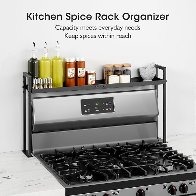 Bumusty Adjustable Stove Top Shelf, 4-Level Spice Rack, Black | Adjustable width and height use vertical space to keep spices organized above stoves or on kitchen counters.