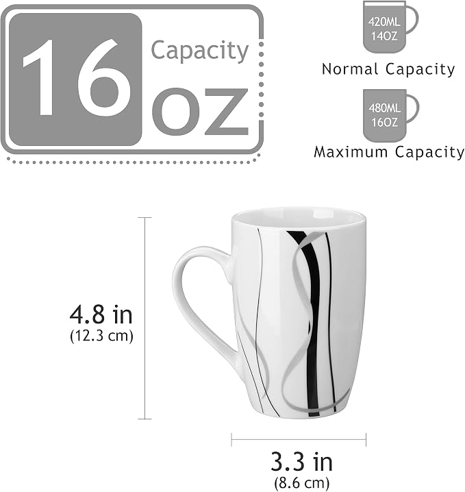 VEWEET Large Coffee Mugs Set of 6, 16 OZ White Cups Set Ceramic, Fiona | Large Coffee Mugs Set of 6 with Handle, Microwave and Dishwasher Safe White Ceramic, Easy Grip for Tea, Coffee