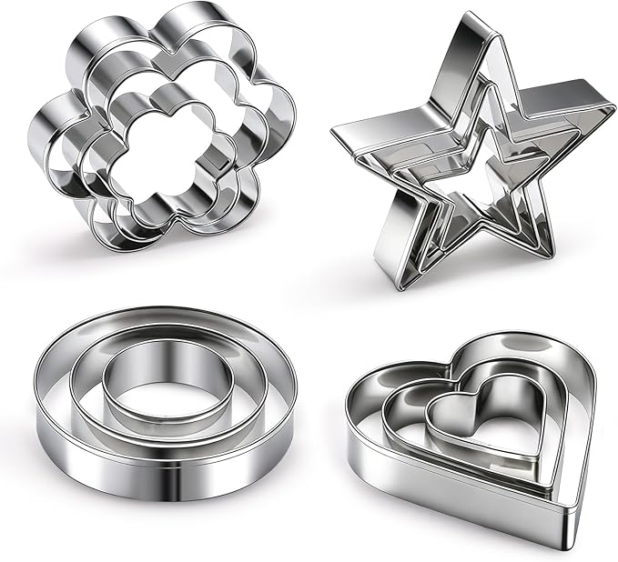12 Pcs Professional Stainless Steel Cookie Cutters Set - Heart, Flower, Round, Star Shapes Metal Biscuit Cutter, Essential Baking Tools for Dough Preparation