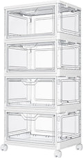 Kmiectse Clear Storage Bins with Lids - 4 Tier 23qt Plastic Stackable Bins | Closet Organizers Box for Bedroom, Living Room, 23 QT Folding Box with Magnetic door