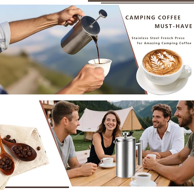 French Press 34 oz, Full Stainless Steel French Press Coffee Maker 4 Cups | Upgraded Double-Walled Insulated French Coffee Presses, Food Grade Good for Kitchen Camping, Dishwasher Safe 2 More Filters
