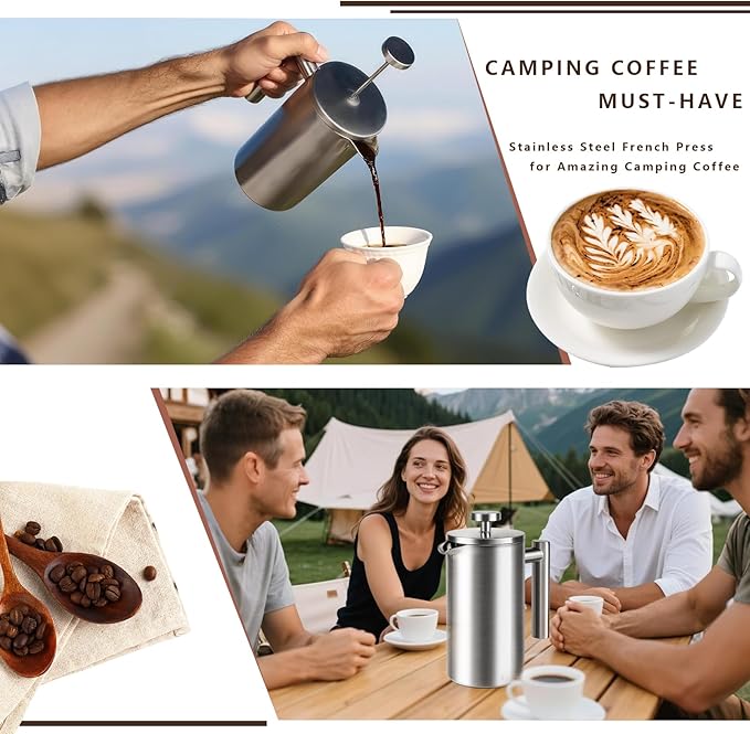 French Press 24 oz, Premium Stainless Steel French Press Coffee Maker 2 cup | Double Wall Insulated French Coffee Presses, 304 Food Grade Stainless Body, Ideal for Camping Travel Home, No Plastic