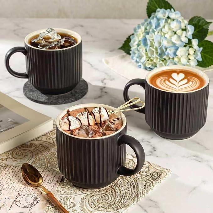 HASENSE Coffee Mug Ceramic Set of 4 with Stand, Stackable Large Latte Cups with Metal Stand, Dishwasher & Microwave Safe, Black for Cappuccino Tea Hot Cocoa