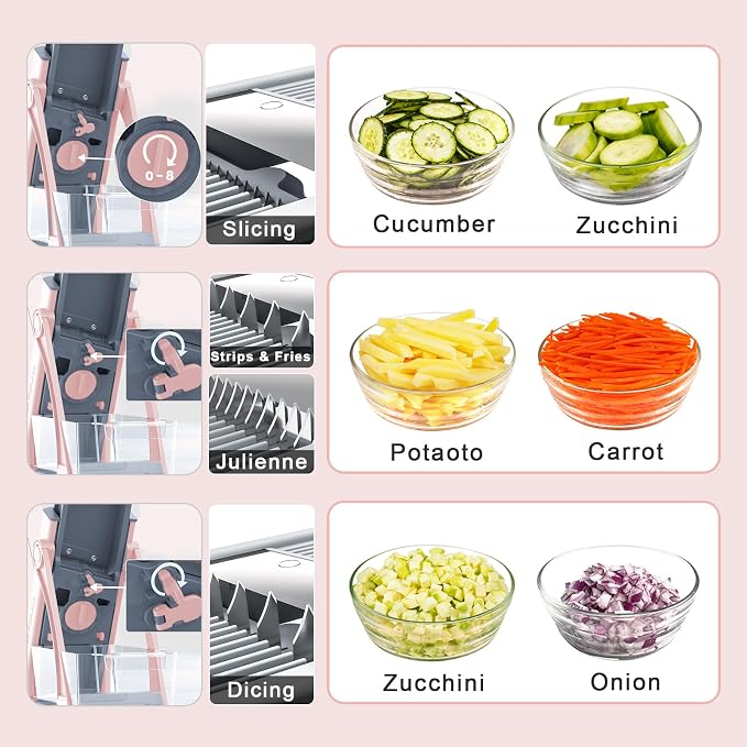All-in-1 Safe Mandoline Slicer for Kitchen, Food Chopper with Container | 0.1-8mm Thickness Vegetable Chopper, Safe Mandoline Slicer, Potato French Fry Cutter Tomato Apple Slicer Onion (Pink)