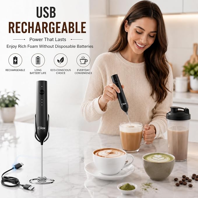 Rechargeable Milk Frother Handheld with 3-Speed & 3 Detachable Stainless Whisks with Stand, Electric Whisk Frother Wand, Mixer Wand for Coffee, Lattes, Cappuccino & Matcha